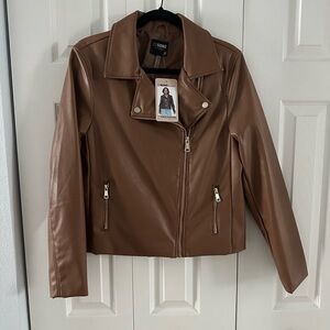 Ci Sono Brown Leather Jacket with Zipper Details